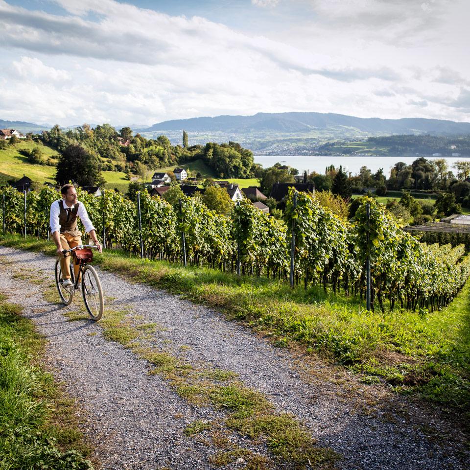 Person fährt Velo in Rapperswil