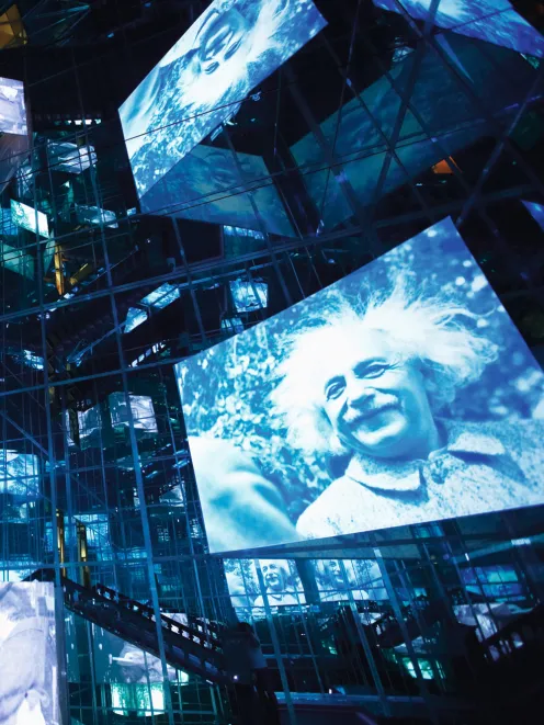 Picture of the Einstein Museum with screens showing Einstein